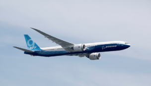 The Boeing B777-9 seen in the aerial display during the media preview for the Singapore Airshow in Singapore on Feb. 13, 2022. Photo by Reuters/Caroline Chia