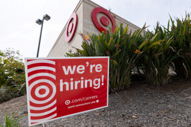 A sign posted outside a Target store states the company is hiring in Encinitas, California, U.S., March 30, 2026. REUTERS/Mike Blake