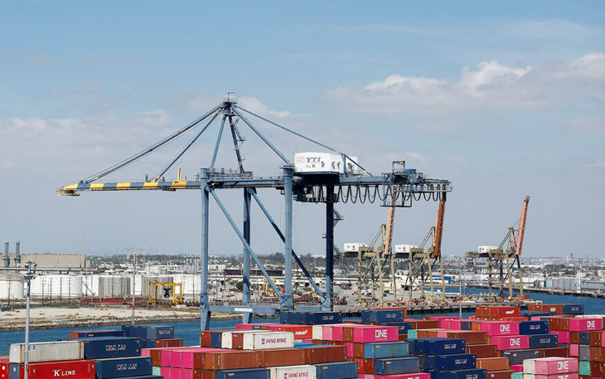 Shipping containers are stacked at a terminal at the port of Los Angeles in Long Beach, California, U.S., March 10, 2026. REUTERS/Caroline Brehman/File Photo