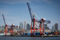 Shipping containers are stacked on a pier at the Red Hook Terminal in Brooklyn, New York City, U.S., April 14, 2026. REUTERS/Brendan McDermid