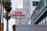 A Live Nation sign stands next to an office building along Hollywood Blvd, after the U.S. Department of Justice and a group of states filed an antitrust lawsuit against Live Nation Entertainment, in Los Angeles, California, U.S., May 23, 2024. REUTERS/Mike Blake