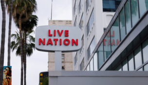 A Live Nation sign stands next to an office building along Hollywood Blvd, after the U.S. Department of Justice and a group of states filed an antitrust lawsuit against Live Nation Entertainment, in Los Angeles, California, U.S., May 23, 2024. REUTERS/Mike Blake