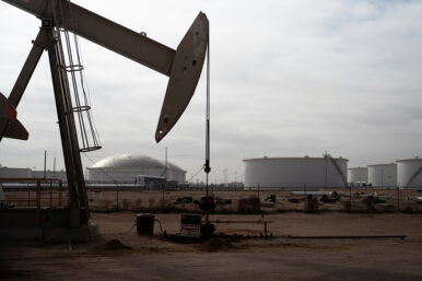 A pump jack operates near a crude oil reserve in the Permian Basin oil field near Midland, Texas, U.S. February 18, 2025. REUTERS/Eli Hartman