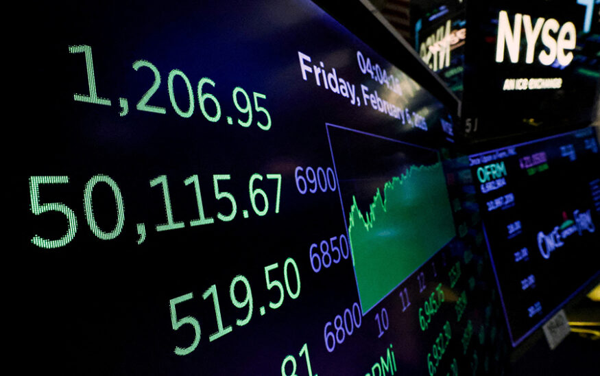 A screen displays the Dow Jones Industrial Average and other trading numbers following the closing bell at the New York Stock Exchange (NYSE) in New York City, U.S., February 6, 2026. REUTERS/Brendan McDermid/File Photo