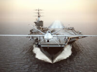 Drone taking off from an aircraft carrier