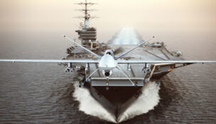Drone taking off from an aircraft carrier