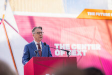 On Feb. 28, 2025, Virginia Tech President Tim Sands speaks at the grand opening ceremony for the Innovation Campus' Academic Building One. (Photo by Luke Hayes/Virginia Tech)
