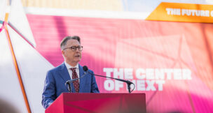 On Feb. 28, 2025, Virginia Tech President Tim Sands speaks at the grand opening ceremony for the Innovation Campus' Academic Building One. (Photo by Luke Hayes/Virginia Tech)