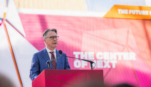 On Feb. 28, 2025, Virginia Tech President Tim Sands speaks at the grand opening ceremony for the Innovation Campus' Academic Building One. (Photo by Luke Hayes/Virginia Tech)