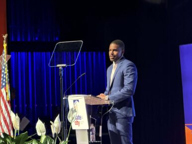 Newport News Mayor Phillip Jones delivers his State of the City address at Christopher Newport University. Photo by Josh Janney