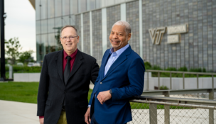 Kirk Cameron (left), faculty lead and managing director of Virginia Tech’s Institute for Advanced Computing, and Lance Collins, the university’s Washington, D.C., area vice president, have marked a year of growth in Alexandria. Photo by Will Schermerhorn