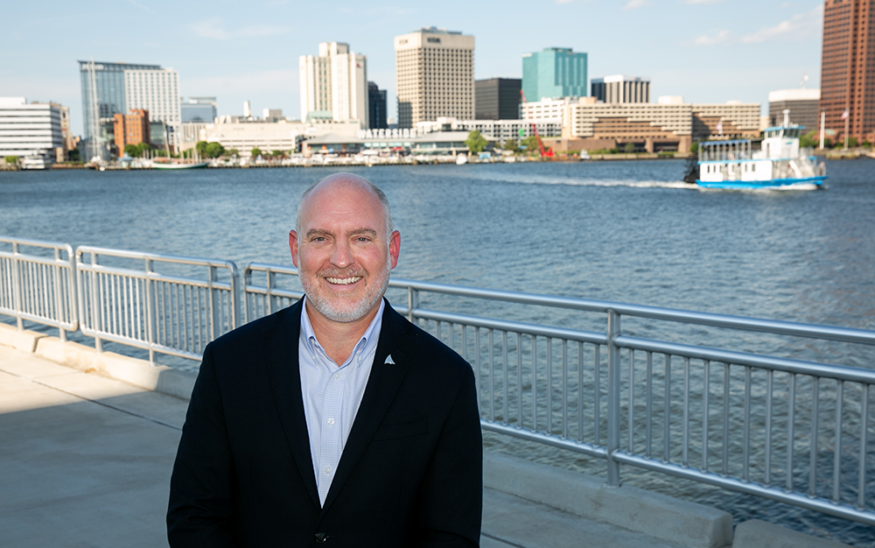Portsmouth Economic Development Director Brian Donahue stands at the Crawford Bay site the city hopes to redevelop. Photo by Kristen Zeis