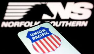Union Pacific and Norfolk Southern logos are seen in this illustration taken August 5, 2025. REUTERS/Dado Ruvic/Illustration