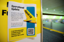 A Spirit Airlines operational update notice at Orlando International Airport after hitting an impasse in talks with some creditors on a $500 million government bailout plan, in Orlando, Florida, U.S., May 2, 2026. REUTERS/Miguel Rodriguez