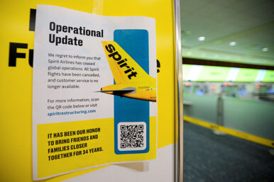 A Spirit Airlines operational update notice at Orlando International Airport after hitting an impasse in talks with some creditors on a $500 million government bailout plan, in Orlando, Florida, U.S., May 2, 2026. REUTERS/Miguel Rodriguez