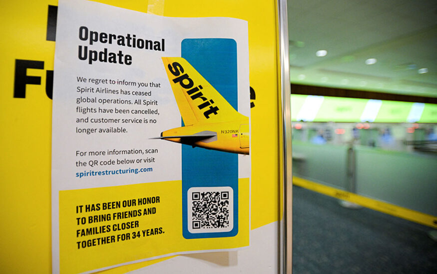 A Spirit Airlines operational update notice at Orlando International Airport after hitting an impasse in talks with some creditors on a $500 million government bailout plan, in Orlando, Florida, U.S., May 2, 2026. REUTERS/Miguel Rodriguez