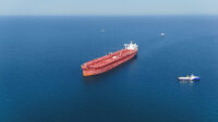 A drone view shows the Malta-flagged tanker Agios Fanourios I, an oil tanker that sailed through the Strait of Hormuz, arriving in Iraq’s territorial waters off Basra, Iraq, April 17, 2026. REUTERS/Mohammed Aty