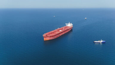 A drone view shows the Malta-flagged tanker Agios Fanourios I, an oil tanker that sailed through the Strait of Hormuz, arriving in Iraq’s territorial waters off Basra, Iraq, April 17, 2026. REUTERS/Mohammed Aty