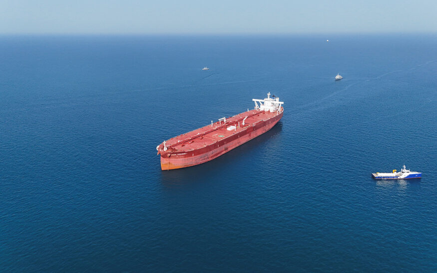 A drone view shows the Malta-flagged tanker Agios Fanourios I, an oil tanker that sailed through the Strait of Hormuz, arriving in Iraq’s territorial waters off Basra, Iraq, April 17, 2026. REUTERS/Mohammed Aty