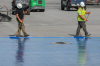 Workers continue renovations on the Lincoln Memorial Reflecting Pool, which is painted blue, in Washington, D.C., U.S., May 2, 2026. REUTERS/Ken Cedeno/ File Photo