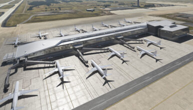 A rending of the exterior of Washington Dulles International Airport's Concourse E. Image courtesy Metropolitan Washington Airports Authority