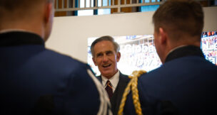 John G. Rocovich Jr. talks with cadets during the Distinguished Alumni of the Corps award ceremony in 2025. Photo courtesy Virginia Tech