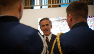 John G. Rocovich Jr. talks with cadets during the Distinguished Alumni of the Corps award ceremony in 2025. Photo courtesy Virginia Tech