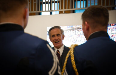 John G. Rocovich Jr. talks with cadets during the Distinguished Alumni of the Corps award ceremony in 2025. Photo courtesy Virginia Tech