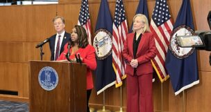 Sen. Lashrecse Aird speaks during a June 16, 2026, news conference announcing Virginia's cannabis recreational sale framework, along with Gov. Abigail Spanberger and Del. Paul Krizek. Photo by Kate Andrews/Virginia Business