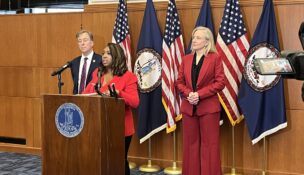 Sen. Lashrecse Aird speaks during a June 16, 2026, news conference announcing Virginia's cannabis recreational sale framework, along with Gov. Abigail Spanberger and Del. Paul Krizek. Photo by Kate Andrews/Virginia Business