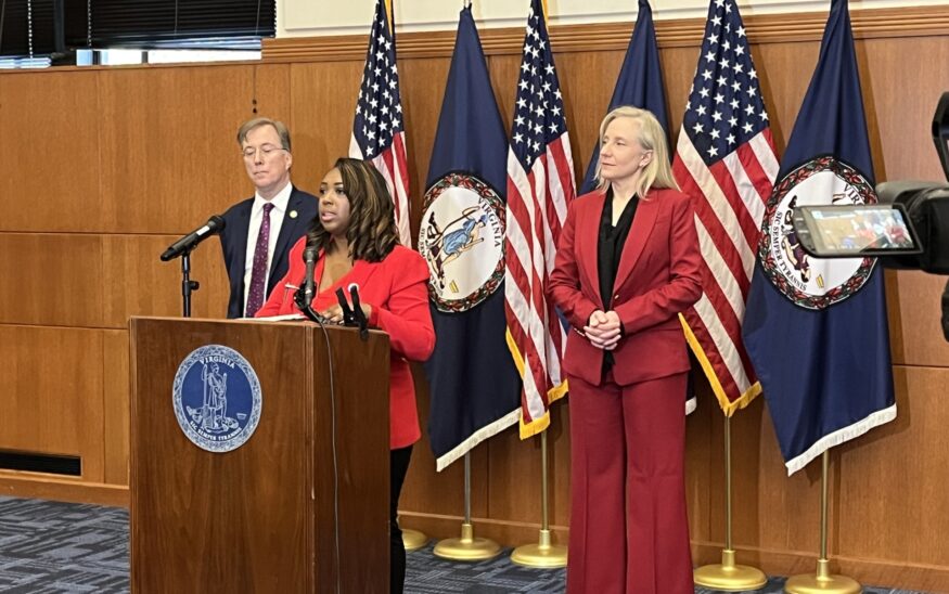 Sen. Lashrecse Aird speaks during a June 16, 2026, news conference announcing Virginia's cannabis recreational sale framework, along with Gov. Abigail Spanberger and Del. Paul Krizek. Photo by Kate Andrews/Virginia Business