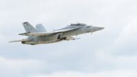 An upgraded SLM F/A-18 Super Hornet departs St. Louis heading back to the U.S. Navy fleet. Photo courtesy Boeing