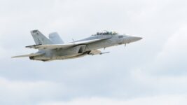 An upgraded SLM F/A-18 Super Hornet departs St. Louis heading back to the U.S. Navy fleet. Photo courtesy Boeing