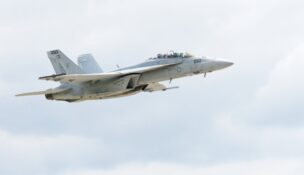 An upgraded SLM F/A-18 Super Hornet departs St. Louis heading back to the U.S. Navy fleet. Photo courtesy Boeing