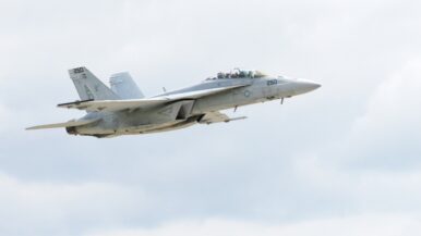 An upgraded SLM F/A-18 Super Hornet departs St. Louis heading back to the U.S. Navy fleet. Photo courtesy Boeing