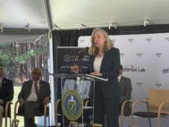 Gov. Abigail Spanberger touts the state's support for Jefferson Lab during a June 12 groundbreaking event for the Jefferson Lab Data Center. Photo by Josh Janney