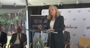 Gov. Abigail Spanberger touts the state's support for Jefferson Lab during a June 12 groundbreaking event for the Jefferson Lab Data Center. Photo by Josh Janney