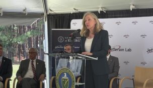 Gov. Abigail Spanberger touts the state's support for Jefferson Lab during a June 12 groundbreaking event for the Jefferson Lab Data Center. Photo by Josh Janney