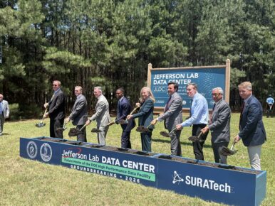 State and local officials join Jefferson Lab leadership for a ceremonial groundbreaking of the Jefferson Lab Data Center. Photo by Josh Janney