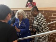 Virgnia Sen. Louise Lucas (left) speaks with an attendee of a Chesterfield County data center town hall she hosted June 16, 2026, with Sen. Mamie Locke (right). Photo by Kate Andrews/Virginia Business