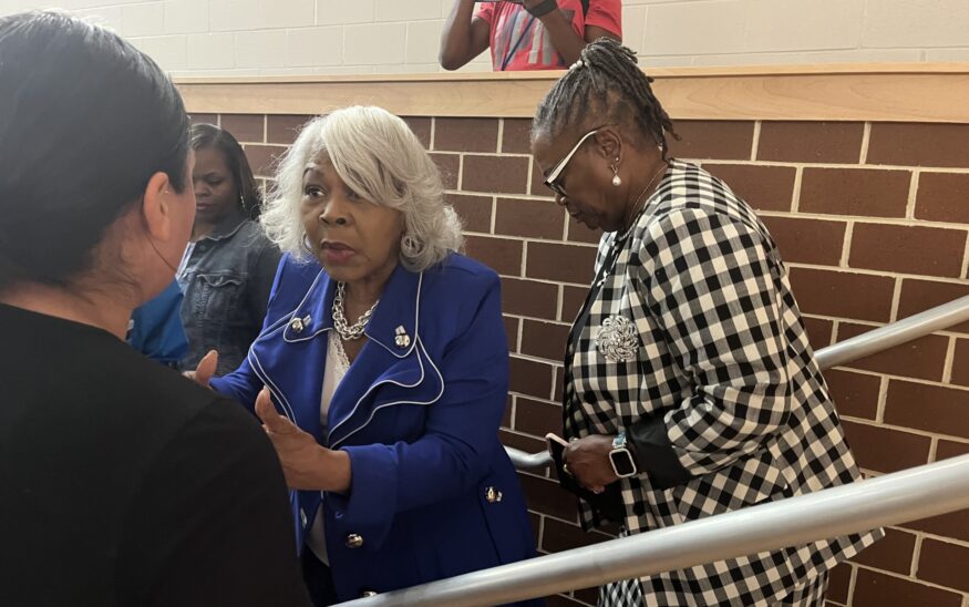 Virgnia Sen. Louise Lucas (left) speaks with an attendee of a Chesterfield County data center town hall she hosted June 16, 2026, with Sen. Mamie Locke (right). Photo by Kate Andrews/Virginia Business
