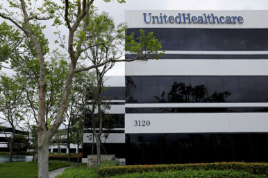 The corporate logo of UnitedHealthcare, the insurance unit of UnitedHealth Group, appears on the side of one of their office buildings, in Santa Ana