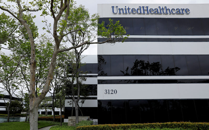 The corporate logo of UnitedHealthcare, the insurance unit of UnitedHealth Group, appears on the side of one of their office buildings, in Santa Ana