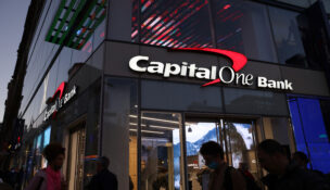 Signage is seen outside a Capital One Bank in Manhattan, New York