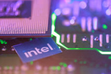 Illustration shows computer motherboard and Intel chip