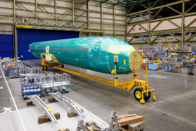 The second 737 MAX 10 to be manufactured on the new North Line is towed into the Boeing Everett Factory in Everett, Washington, U.S., July 8, 2026. Jennifer Buchanan/Seattle Times/Pool via REUTERS Pool/Pool via REUTERS/File Photo