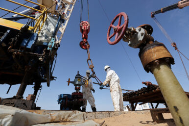 Specialists work at a drilling rig at the Airankol oil field operated by Caspiy Neft in the Atyrau region, Kazakhstan, April 20, 2026. REUTERS/Pavel Mikheyev