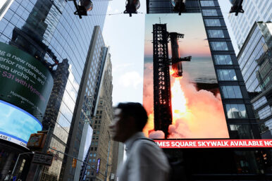 A sign displays outside Nasdaq on the day of SpaceX's initial public offering (IPO) in New York City, U.S., June 12, 2026. REUTERS/Jeenah Moon/ File Photo