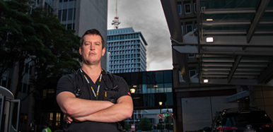 “We’re able to stay more calm and collected in the face of death ... than the average person,” says Myles Shifflett, a VCU Medical Center respiratory therapist. Photo by Matthew R.O. Brown