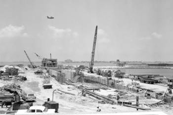 In a June 1957 photo, workers construct the South Island tunnel entrance to the Hampton Roads Bridge-Tunnel. Photo courtesy Virginia Department of Transportation